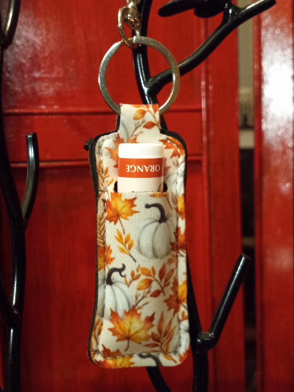 Autumn Pumpkin Lip Balm Keychain Holder - Orange Floral